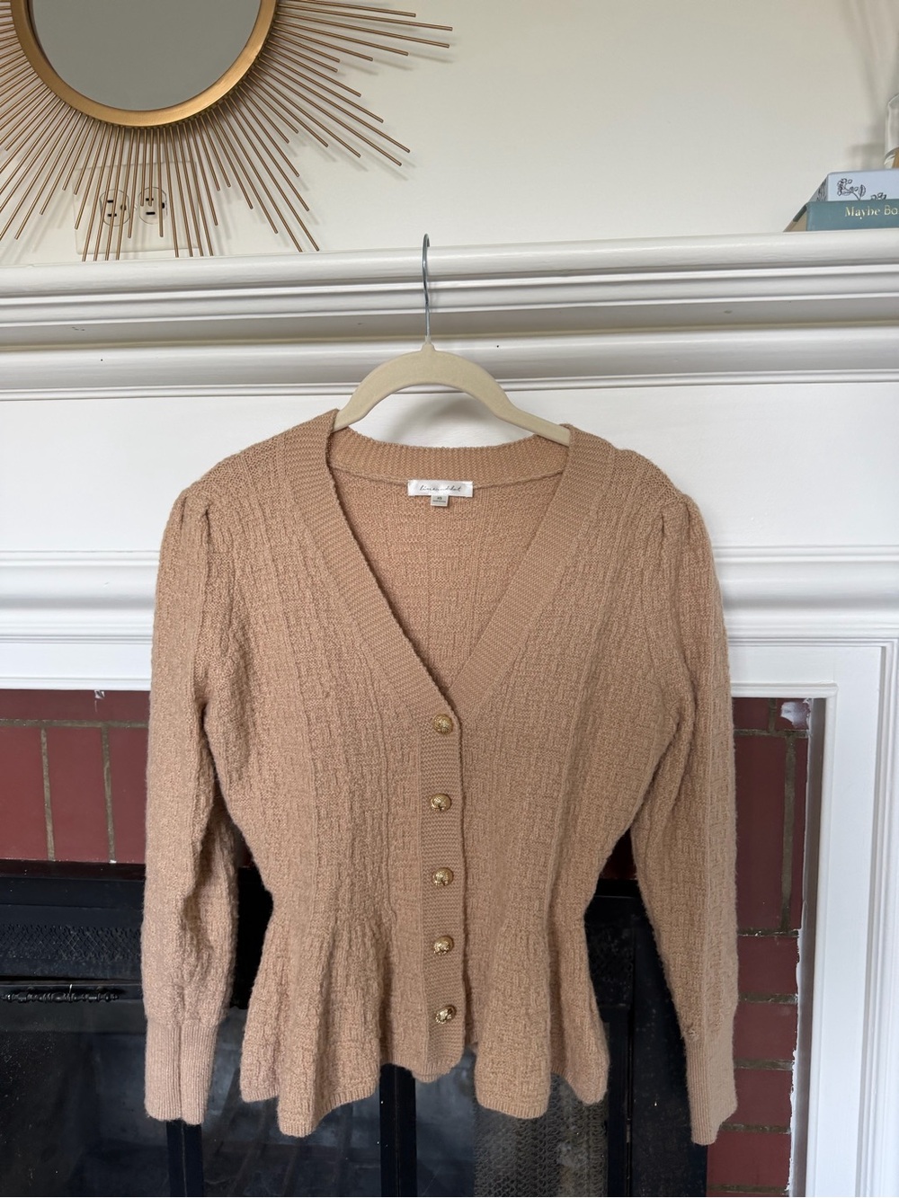 Line & Dot Tan Peplum Button-Front Cardigan